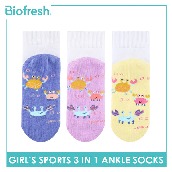 Biofresh Girl's Antimicrobial Cotton Sports Ankle Socks 3 pairs in 1 pack RGSKG29