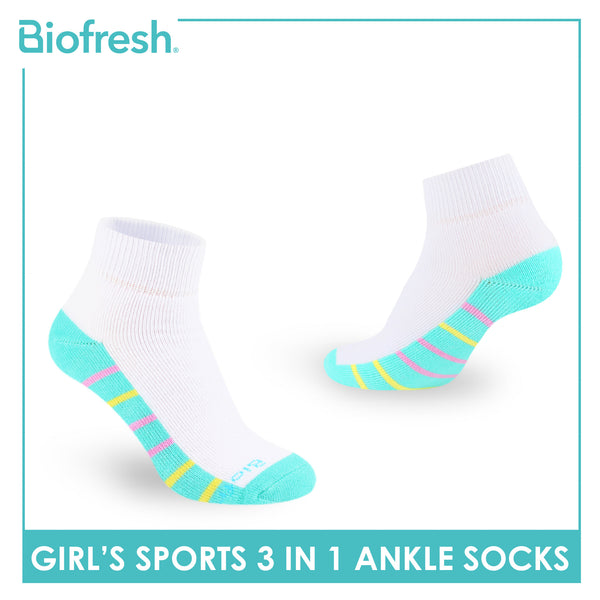 Biofresh Girl's Antimicrobial Cotton Sports Ankle Socks 3 pairs in 1 pack RGSKG29