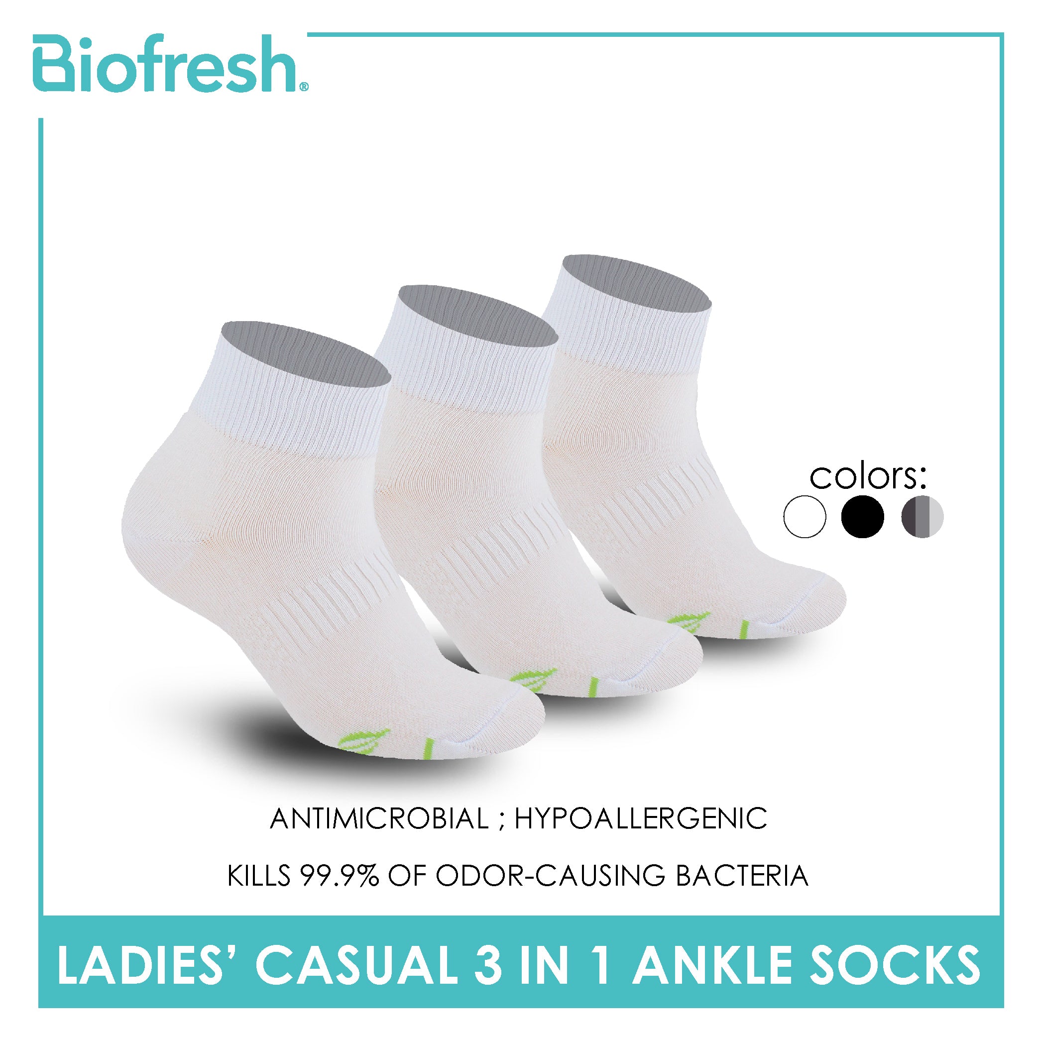 Biofresh Ladies’ Green Tea Lite Casual Ankle Socks 3 pairs in 1 pack RTLCKG2