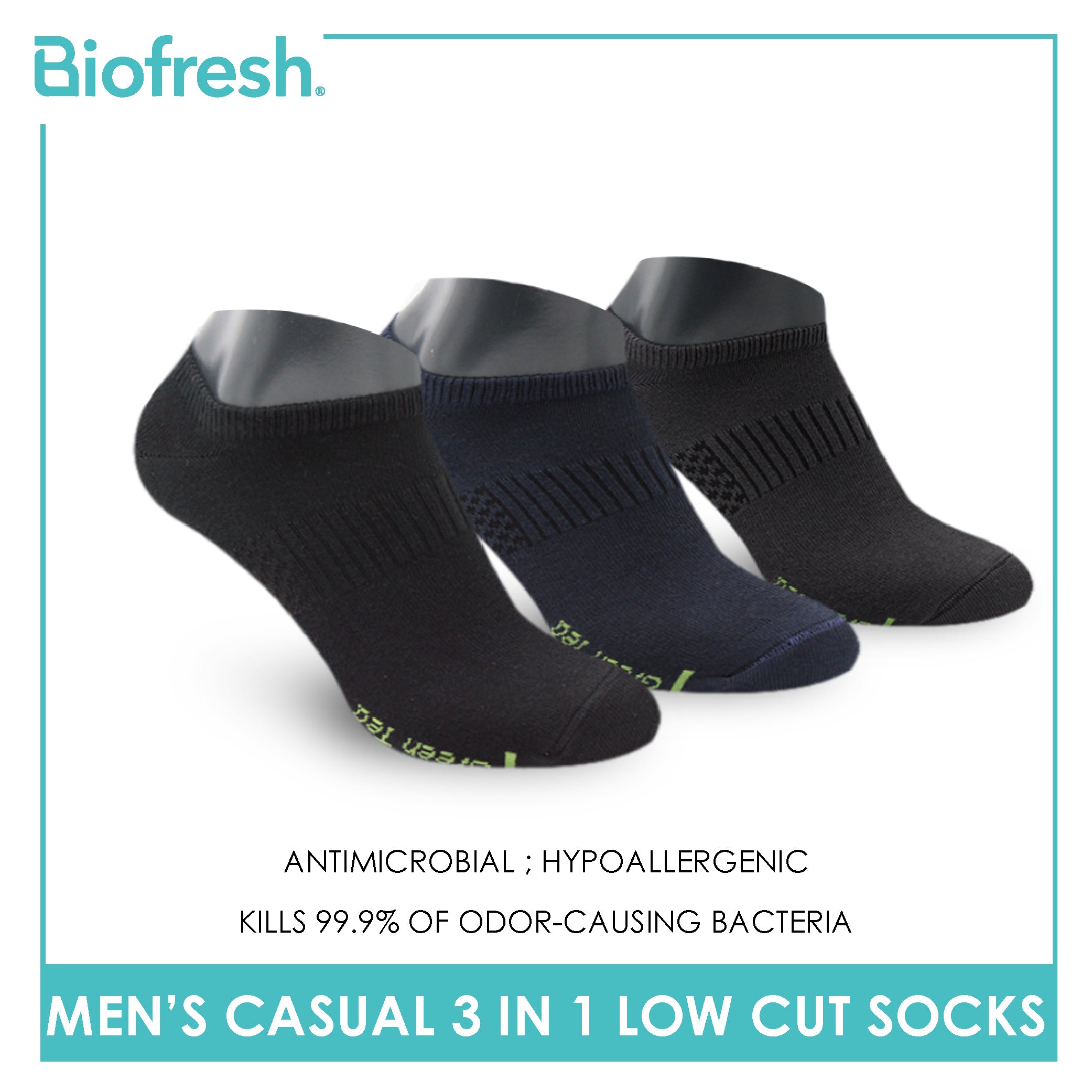 Biofresh Men’s Green Tea Lite Casual Low Cut Socks 3 pairs in 1 pack RTMCKG1