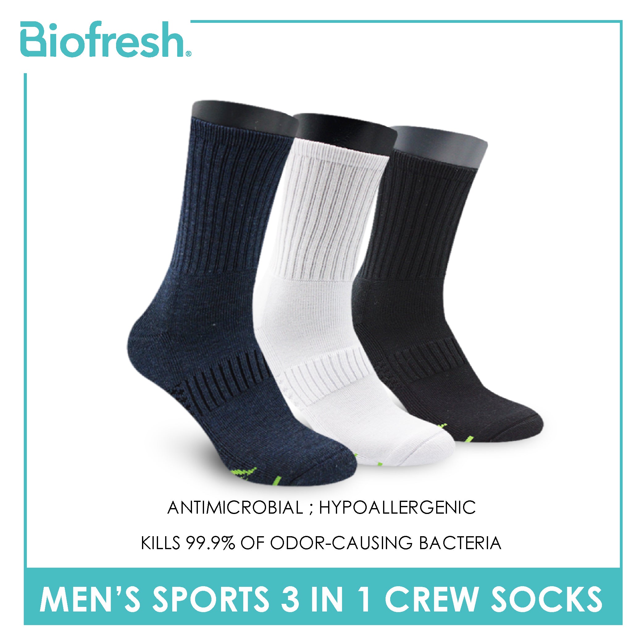 Biofresh Men’s Green Tea Sports Crew Socks 3 pairs in 1 pack RTML-223