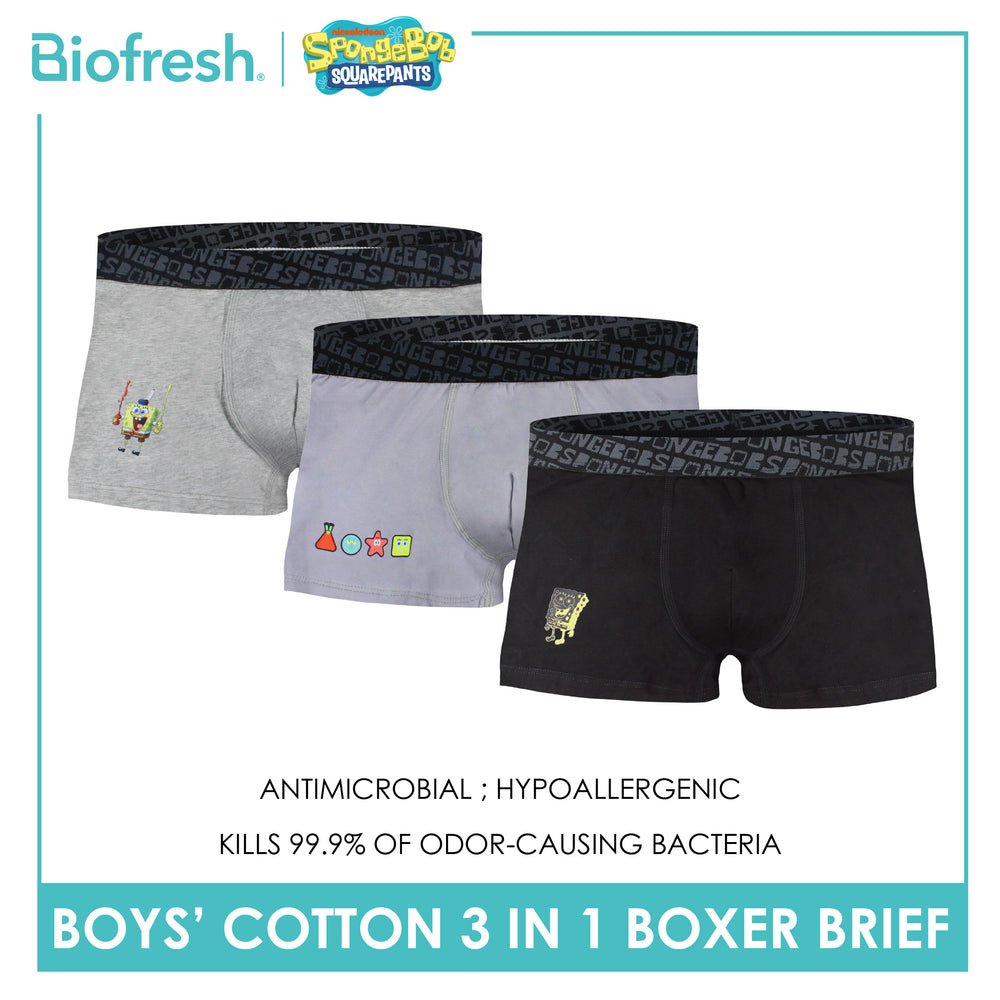 Biofresh | SpongeBob Boys' Antimicrobial Cotton Boxer Brief 3 pieces in a pack SBBBBG512