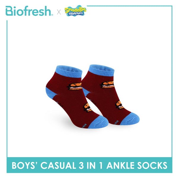 Biofresh | SpongeBob Boys' Antimicrobial Cotton Thin Casual Ankle Socks 3 pairs in 1 pack SBRBCG531