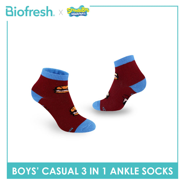 Biofresh | SpongeBob Boys' Antimicrobial Cotton Thin Casual Ankle Socks 3 pairs in 1 pack SBRBCG531