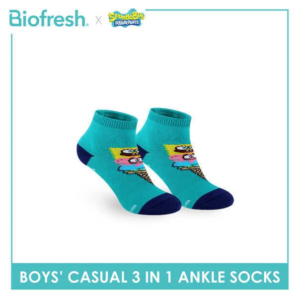 Biofresh | SpongeBob Boys' Antimicrobial Cotton Thin Casual Ankle Socks 3 pairs in 1 pack SBRBCG531