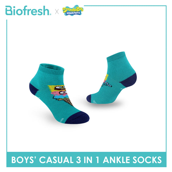 Biofresh | SpongeBob Boys' Antimicrobial Cotton Thin Casual Ankle Socks 3 pairs in 1 pack SBRBCG531