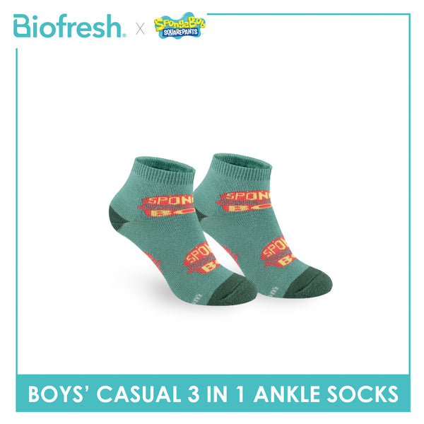 Biofresh | SpongeBob Boys' Antimicrobial Cotton Thin Casual Ankle Socks 3 pairs in 1 pack SBRBCG531