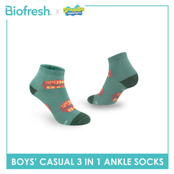 Biofresh | SpongeBob Boys' Antimicrobial Cotton Thin Casual Ankle Socks 3 pairs in 1 pack SBRBCG531