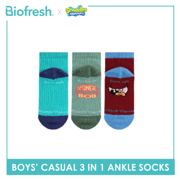 Biofresh | SpongeBob Boys' Antimicrobial Cotton Thin Casual Ankle Socks 3 pairs in 1 pack SBRBCG531