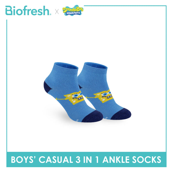 Biofresh | SpongeBob Boys' Antimicrobial Cotton Thin Casual Ankle Socks 3 pairs in 1 pack SBRBCG533