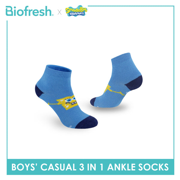 Biofresh | SpongeBob Boys' Antimicrobial Cotton Thin Casual Ankle Socks 3 pairs in 1 pack SBRBCG533