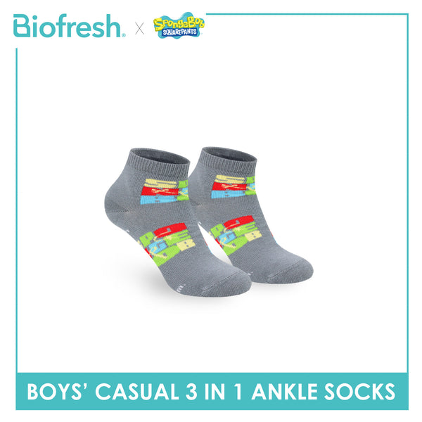 Biofresh | SpongeBob Boys' Antimicrobial Cotton Thin Casual Ankle Socks 3 pairs in 1 pack SBRBCG533