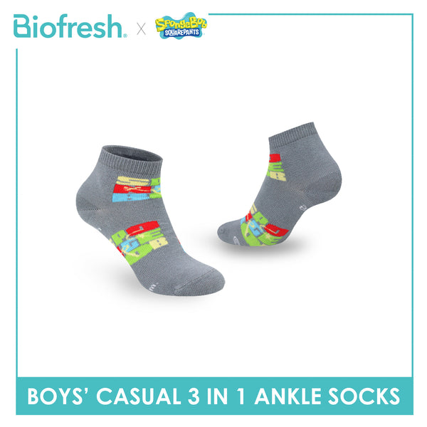 Biofresh | SpongeBob Boys' Antimicrobial Cotton Thin Casual Ankle Socks 3 pairs in 1 pack SBRBCG533