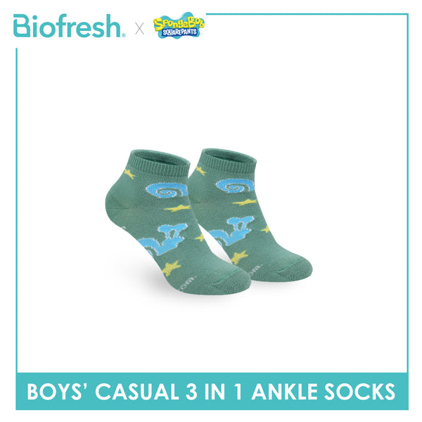 Biofresh | SpongeBob Boys' Antimicrobial Cotton Thin Casual Ankle Socks 3 pairs in 1 pack SBRBCG533