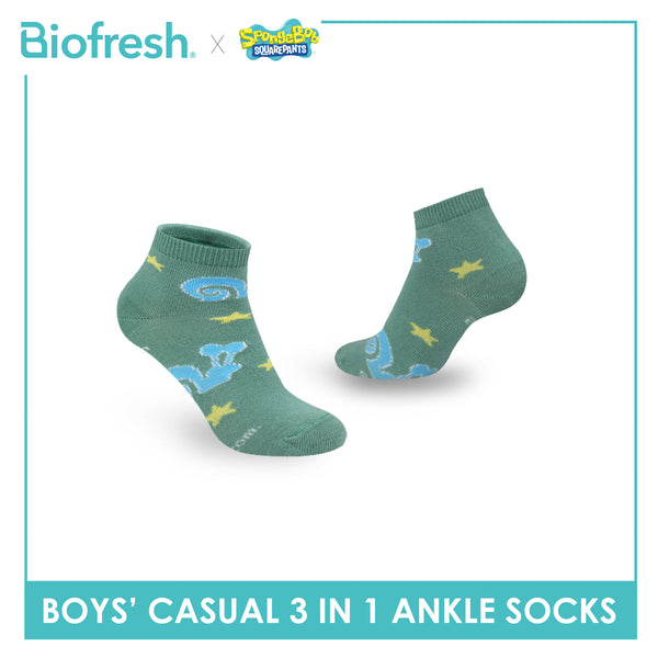 Biofresh | SpongeBob Boys' Antimicrobial Cotton Thin Casual Ankle Socks 3 pairs in 1 pack SBRBCG533