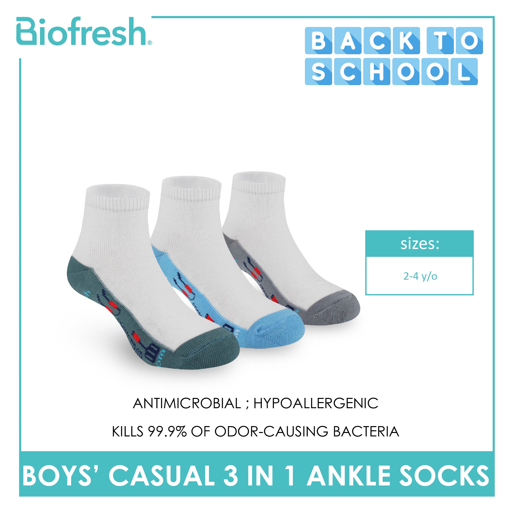 Biofresh | SpongeBob Boys' Antimicrobial Cotton Lite Casual Ankle Socks 3 pairs in 1 pack SBRBCKG1