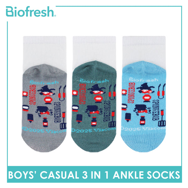 Biofresh | SpongeBob Boys' Antimicrobial Cotton Lite Casual Ankle Socks 3 pairs in 1 pack SBRBCKG1