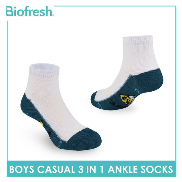 Biofresh Boys’ Antimicrobial Cotton Lite Casual Ankle Socks 3 pairs in 1 pack SBRBCKG2