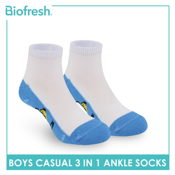 Biofresh Boys’ Antimicrobial Cotton Lite Casual Ankle Socks 3 pairs in 1 pack SBRBCKG2