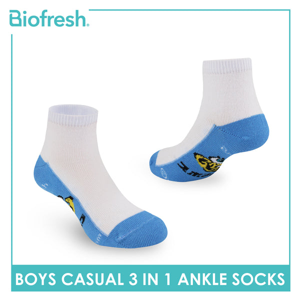 Biofresh Boys’ Antimicrobial Cotton Lite Casual Ankle Socks 3 pairs in 1 pack SBRBCKG2