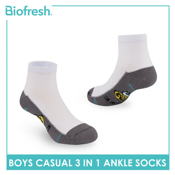 Biofresh Boys’ Antimicrobial Cotton Lite Casual Ankle Socks 3 pairs in 1 pack SBRBCKG2