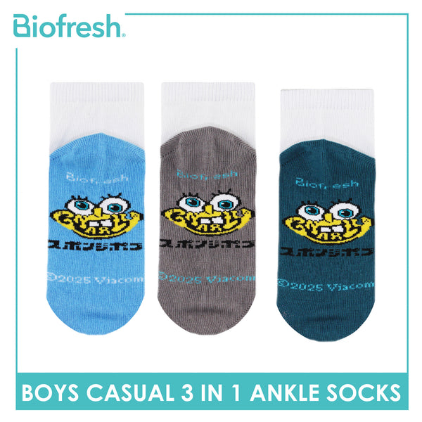 Biofresh Boys’ Antimicrobial Cotton Lite Casual Ankle Socks 3 pairs in 1 pack SBRBCKG2