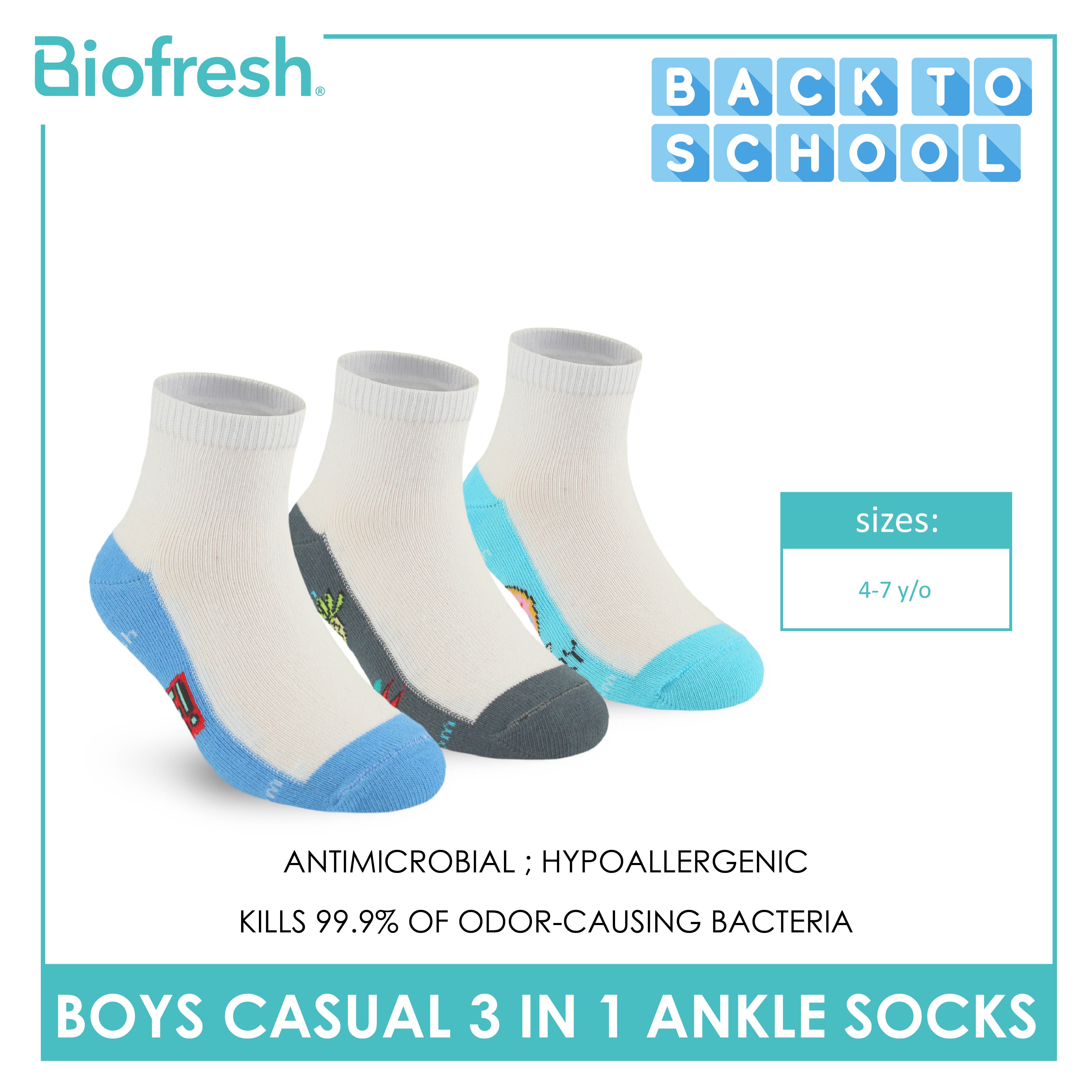 Biofresh | SpongeBob Boys’ Antimicrobial Cotton Lite Casual Ankle Socks 3 pairs in 1 pack SBRBCKG3