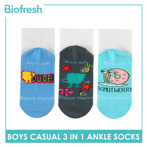 Biofresh | SpongeBob Boys’ Antimicrobial Cotton Lite Casual Ankle Socks 3 pairs in 1 pack SBRBCKG3