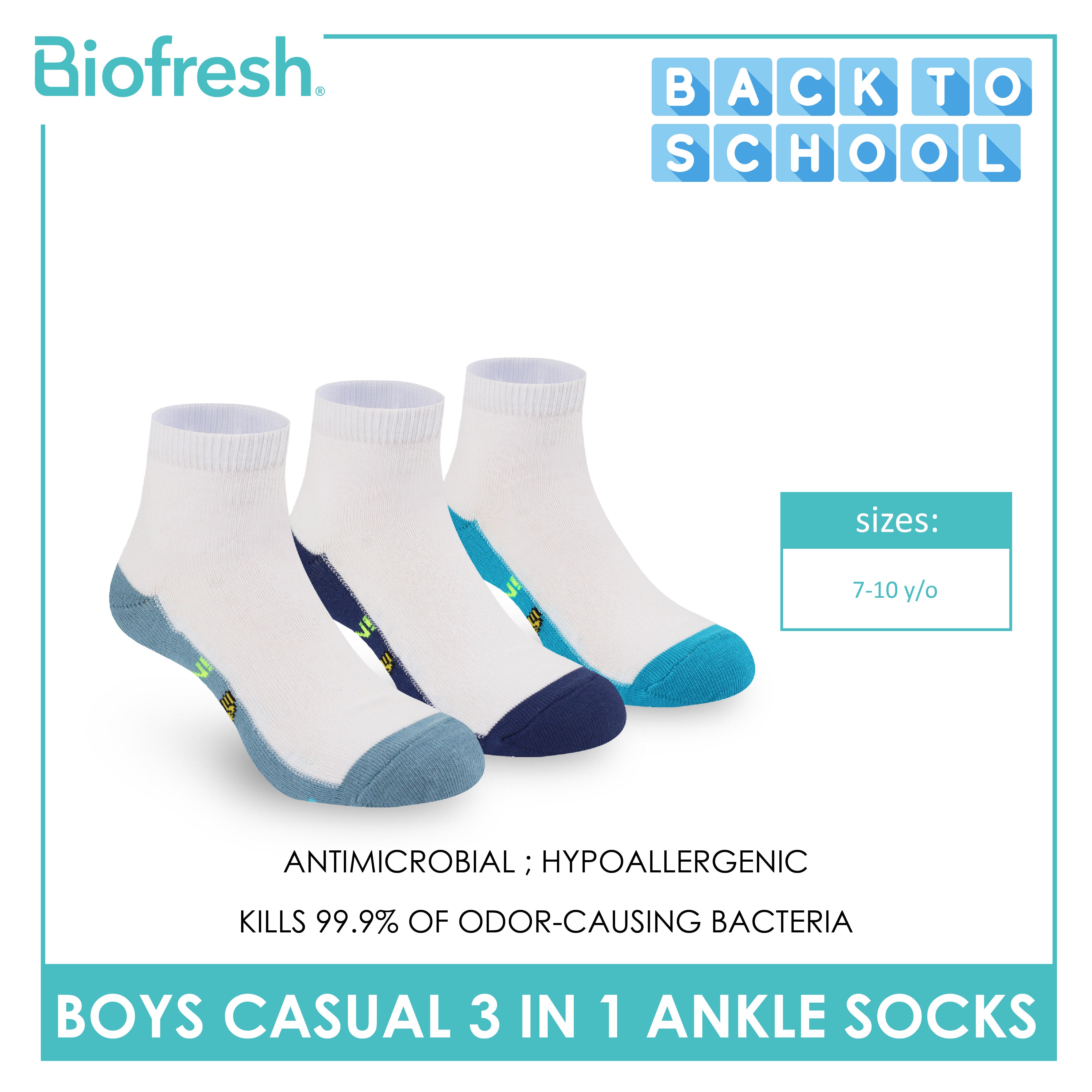 Biofresh | SpongeBob Boys’ Antimicrobial Cotton Lite Casual Ankle Socks 3 pairs in 1 pack SBRBCKG4