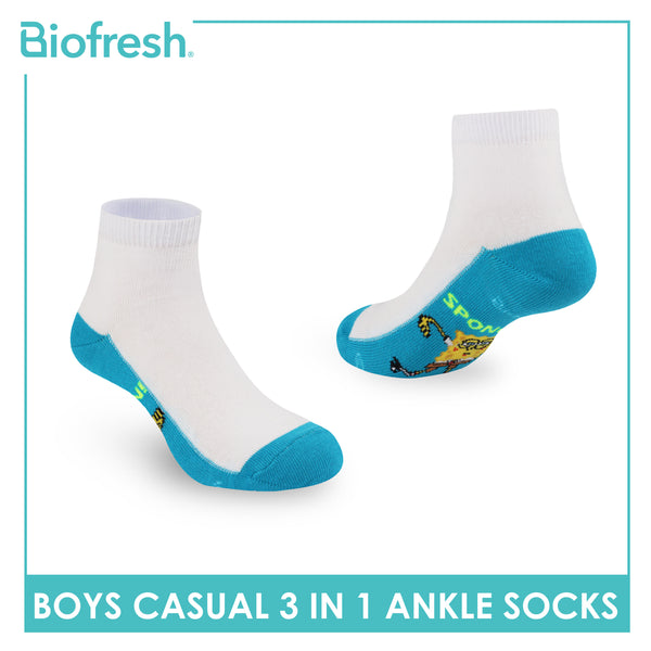 Biofresh | SpongeBob Boys’ Antimicrobial Cotton Lite Casual Ankle Socks 3 pairs in 1 pack SBRBCKG4