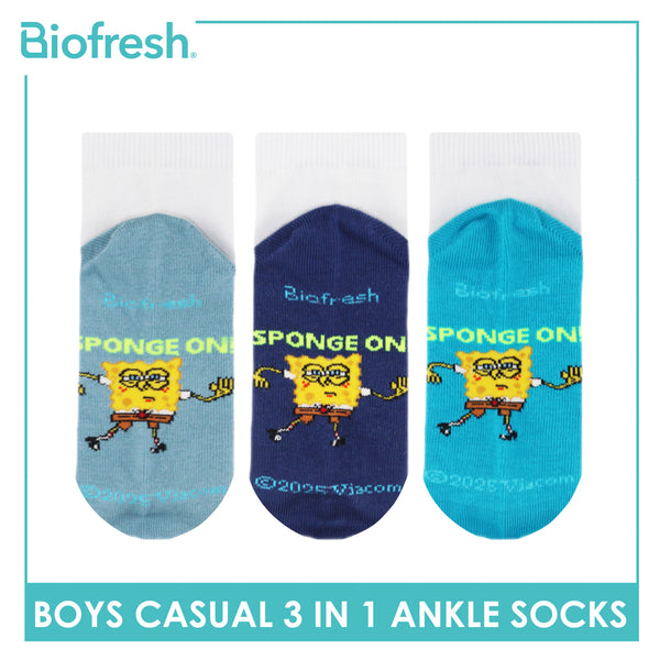 Biofresh | SpongeBob Boys’ Antimicrobial Cotton Lite Casual Ankle Socks 3 pairs in 1 pack SBRBCKG4