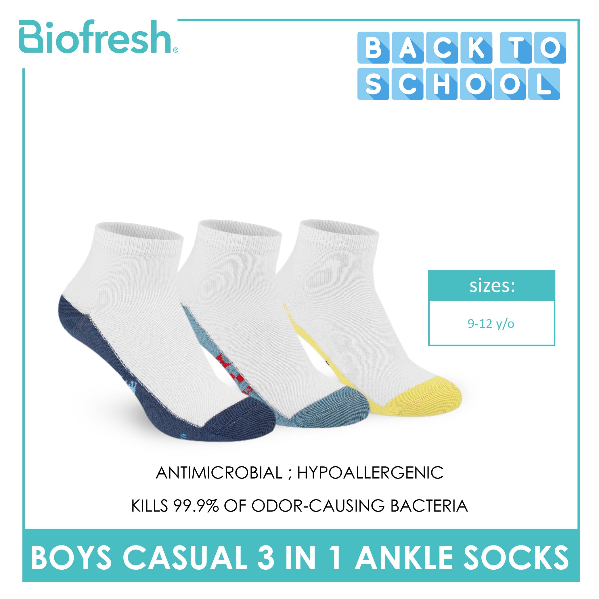 Biofresh | SpongeBob Boys’ Antimicrobial Cotton Lite Casual Ankle Socks 3 pairs in 1 pack SBRBCKG5
