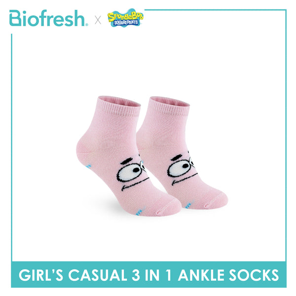 Biofresh | SpongeBob Girl's Antimicrobial Cotton Lite Casual Ankle Socks 3 pairs in 1 pack SBRGCG531
