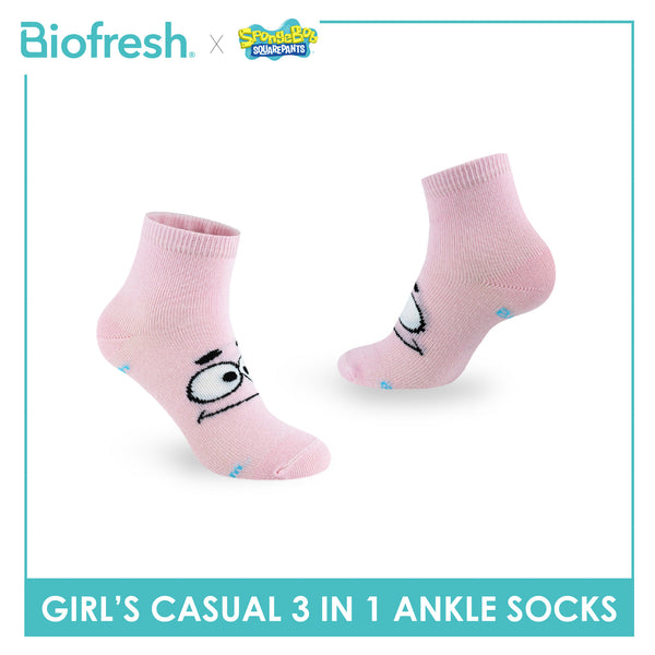 Biofresh | SpongeBob Girl's Antimicrobial Cotton Lite Casual Ankle Socks 3 pairs in 1 pack SBRGCG531