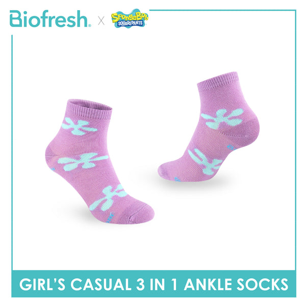 Biofresh | SpongeBob Girl's Antimicrobial Cotton Lite Casual Ankle Socks 3 pairs in 1 pack SBRGCG531
