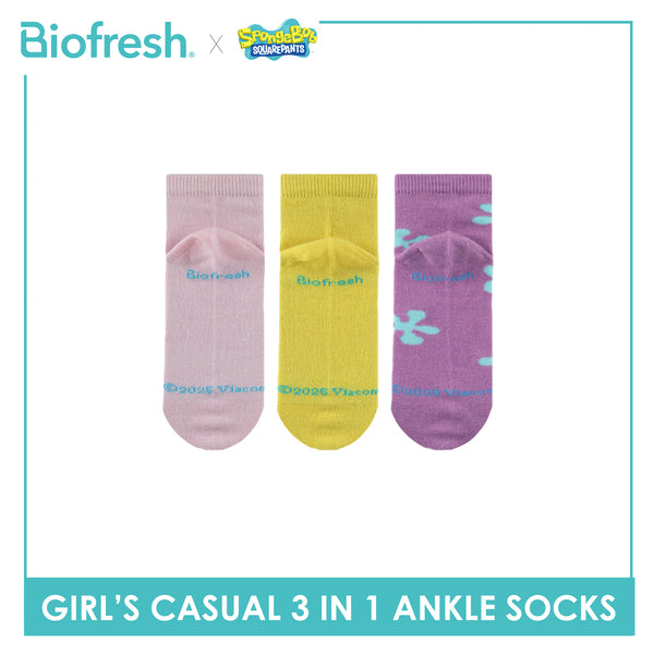 Biofresh | SpongeBob Girl's Antimicrobial Cotton Lite Casual Ankle Socks 3 pairs in 1 pack SBRGCG531