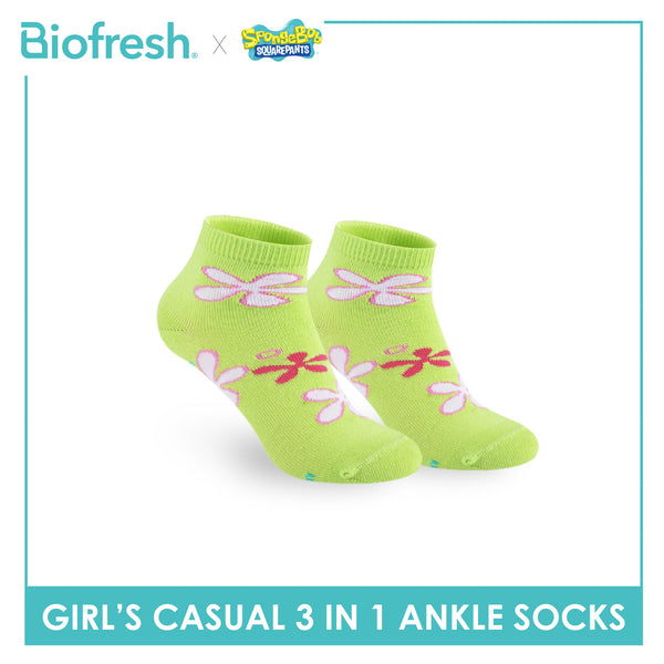 Biofresh | SpongeBob Girl's Antimicrobial Cotton Lite Casual Ankle Socks 3 pairs in 1 pack SBRGCG532