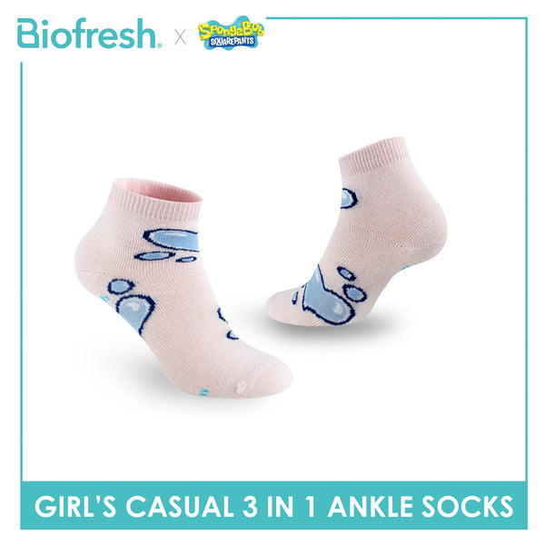 Biofresh | SpongeBob Girl's Antimicrobial Cotton Lite Casual Ankle Socks 3 pairs in 1 pack SBRGCG532