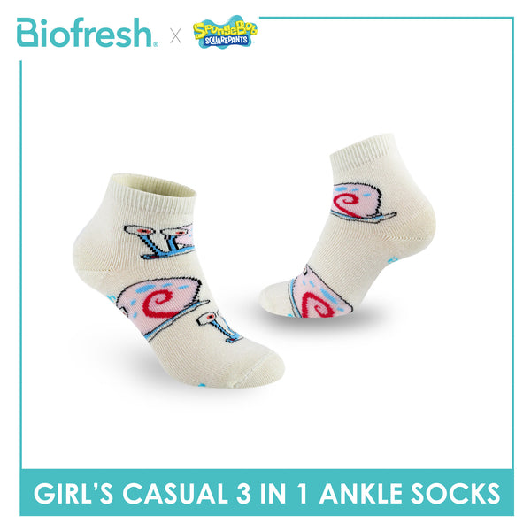 Biofresh | SpongeBob Girl's Antimicrobial Cotton Lite Casual Ankle Socks 3 pairs in 1 pack SBRGCG532