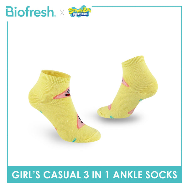 Biofresh | SpongeBob Girl's Antimicrobial Cotton Lite Casual Ankle Socks 3 pairs in 1 pack SBRGCG533