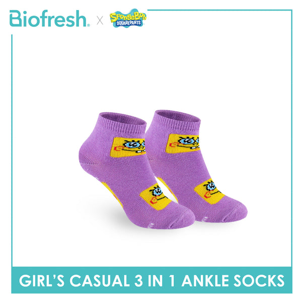 Biofresh | SpongeBob Girl's Antimicrobial Cotton Lite Casual Ankle Socks 3 pairs in 1 pack SBRGCG533