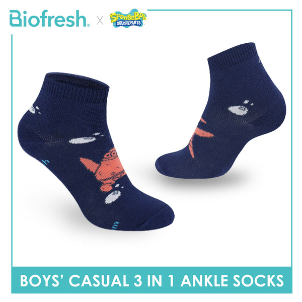 Biofresh | SpongeBob Boys' Antimicrobial Cotton Thin Casual Ankle Socks 3 pairs in 1 pack SBRBCG532