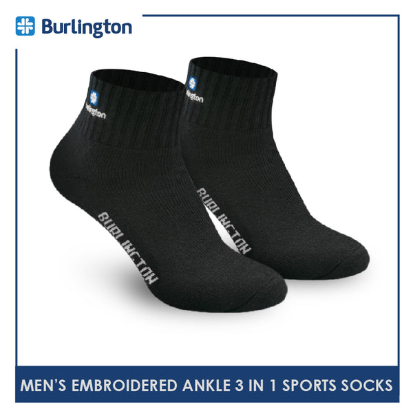 Burlington E1001 Men's Thick Cotton Embroidered Ankle Sports Socks 3 pairs in a pack (4368103243881)