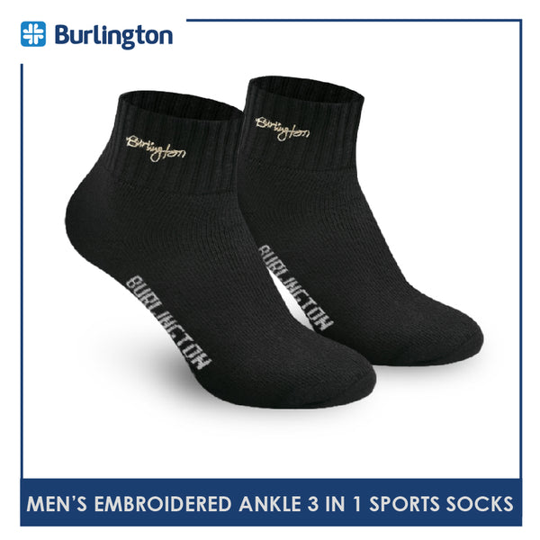 Burlington E1001 Men's Thick Cotton Embroidered Ankle Sports Socks 3 pairs in a pack (4368103243881)