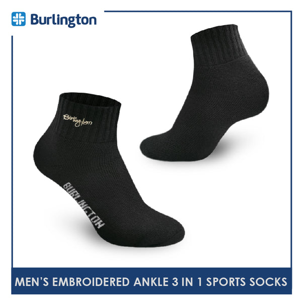 Burlington E1001 Men's Thick Cotton Embroidered Ankle Sports Socks 3 pairs in a pack (4368103243881)