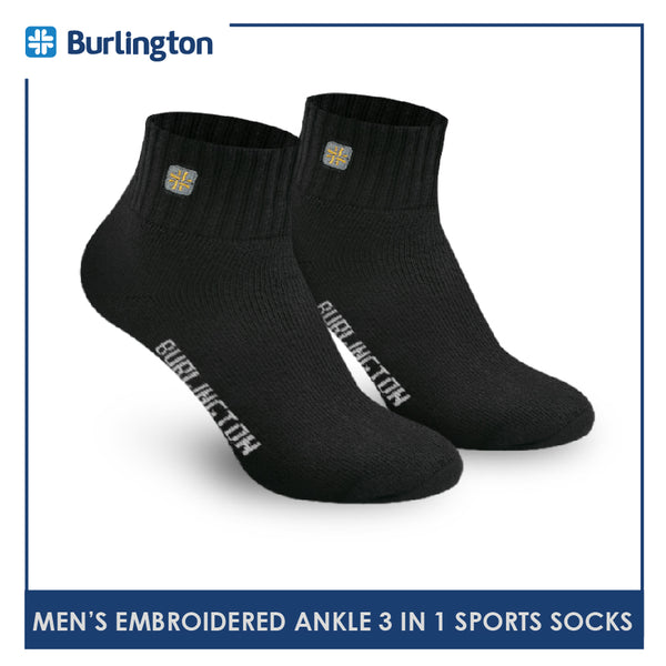 Burlington E1001 Men's Thick Cotton Embroidered Ankle Sports Socks 3 pairs in a pack (4368103243881)