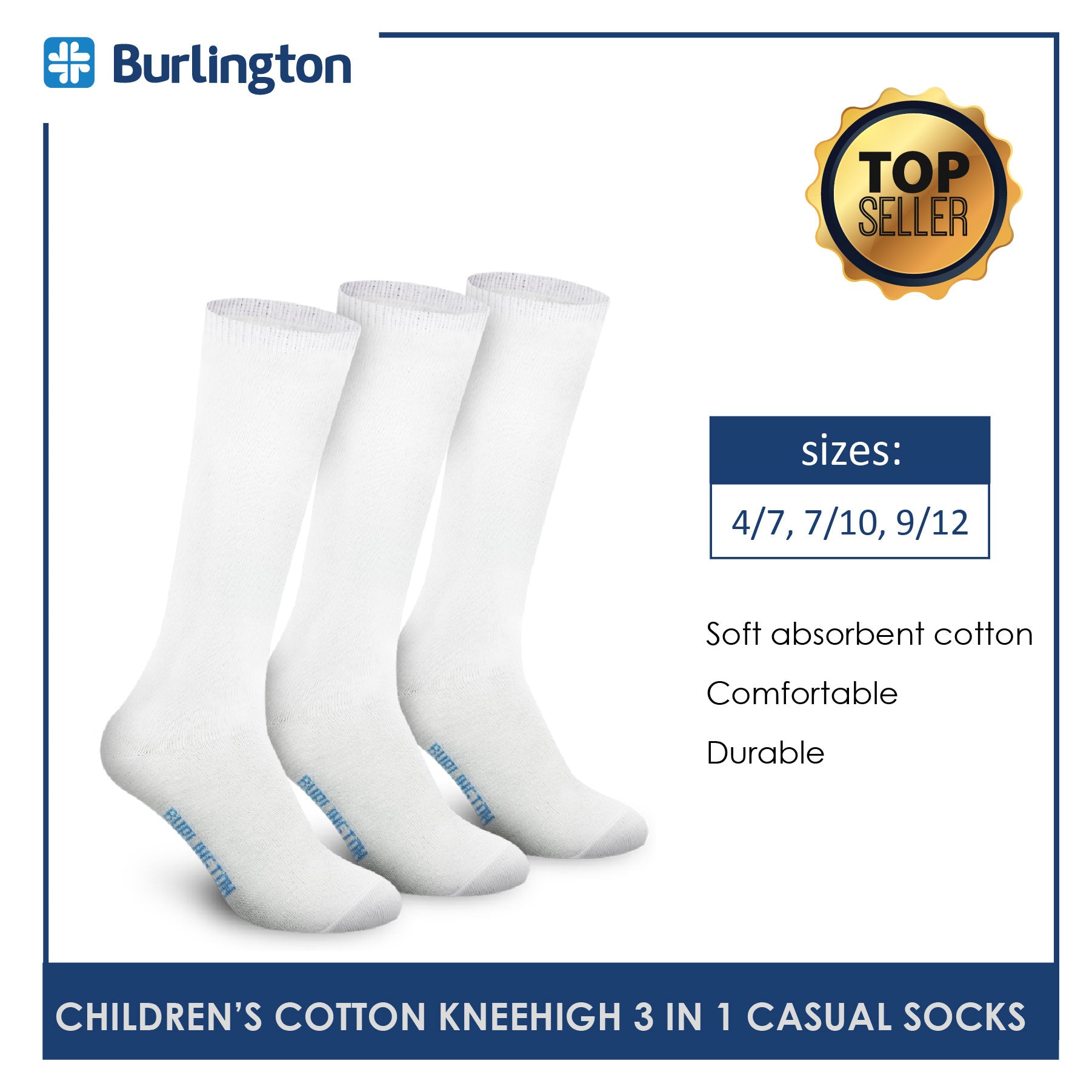 Burlington 5605GP Children's Cotton Knee High Casual Socks 3 pairs in a pack (4369724964969)