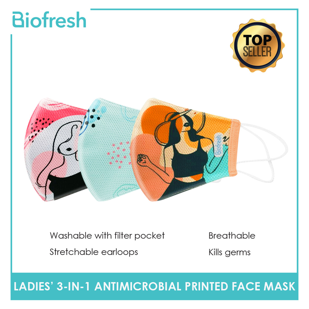 Biofresh RLSMASK  Ladies' Washable Anti-Microbial Printed Face Mask 3 pcs in a pack