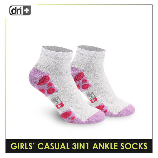 Dri Plus Girls' Children Cotton Ankle Lite Thin Casual Socks 3 pairs in 1 pack DGCG11