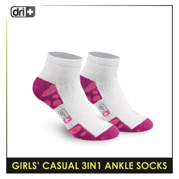 Dri Plus Girls' Children Cotton Ankle Lite Thin Casual Socks 3 pairs in 1 pack DGCG11
